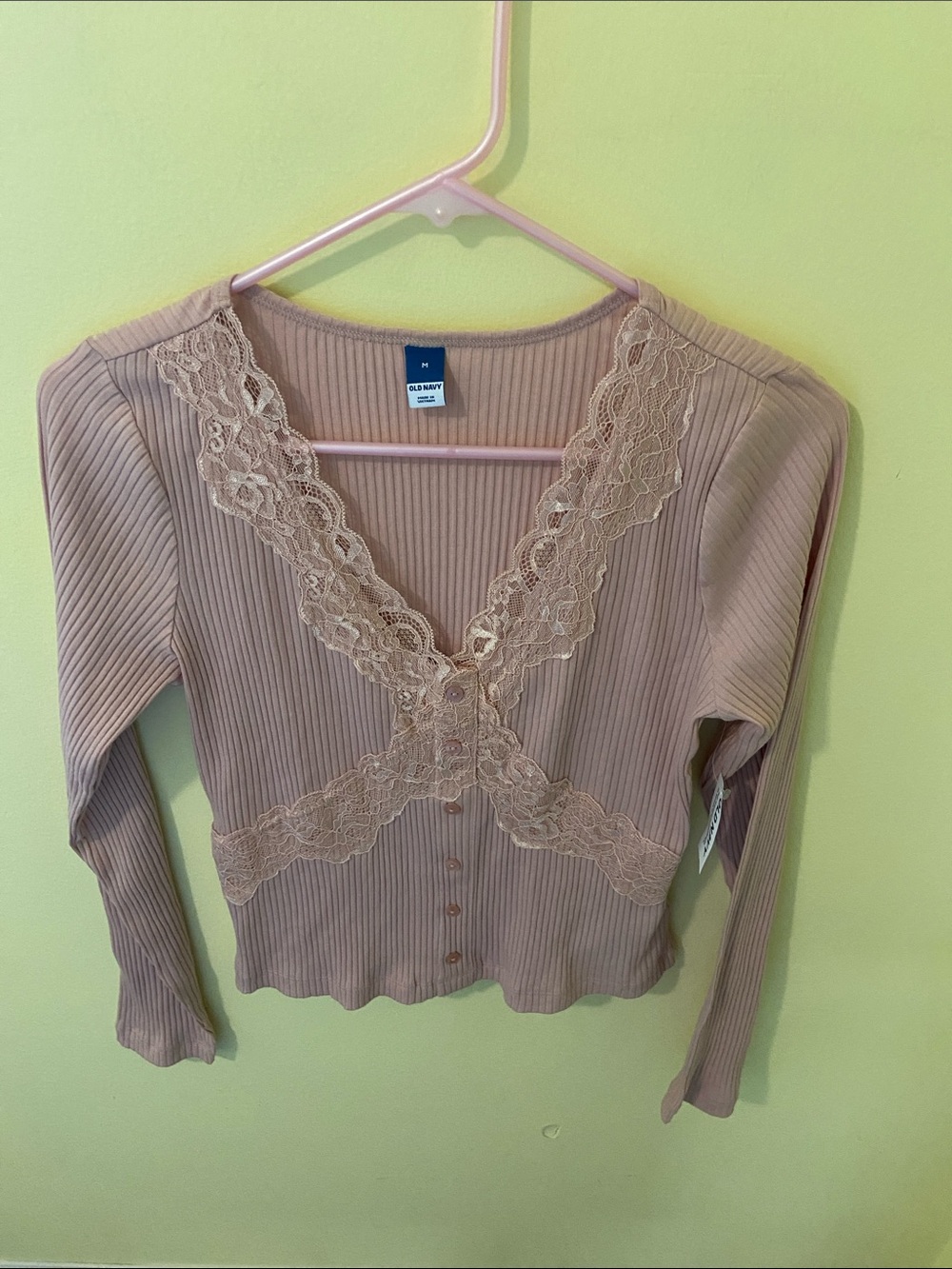 Old Navy Ribbed Lace-Trim Button-Down Top in Blush